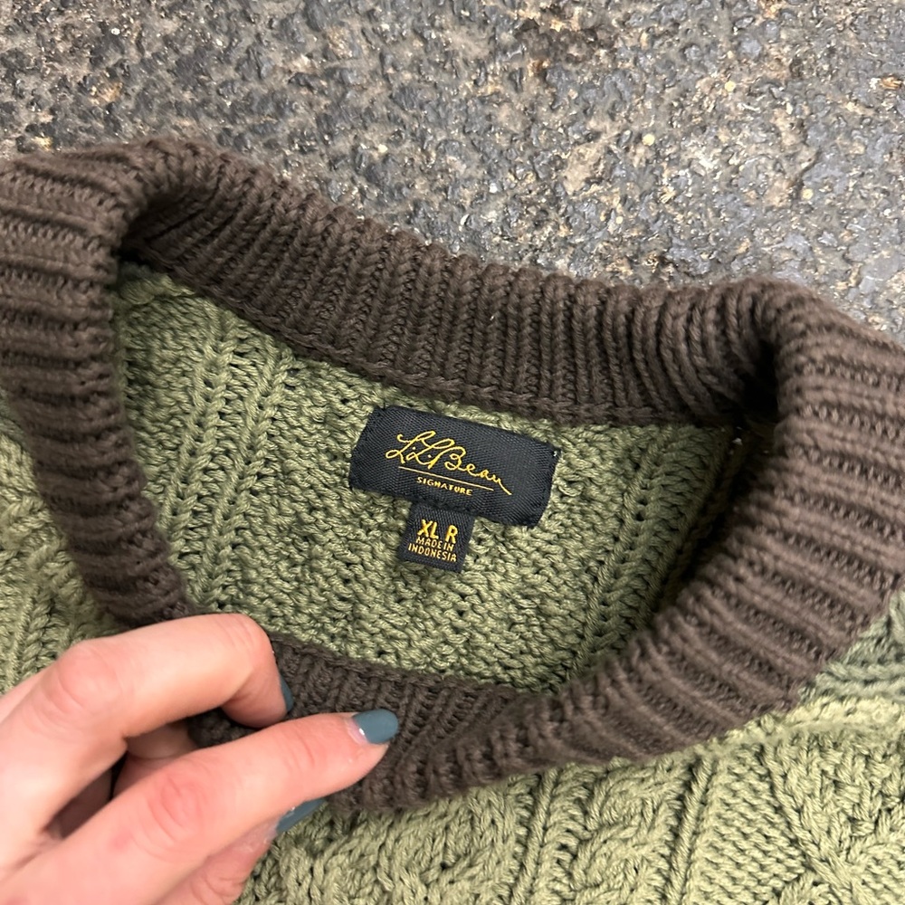 L.L. Bean Signature Cotton Fisherman Cable Knit Sweater Mens XL Green brown $130 - Picture 6 of 6